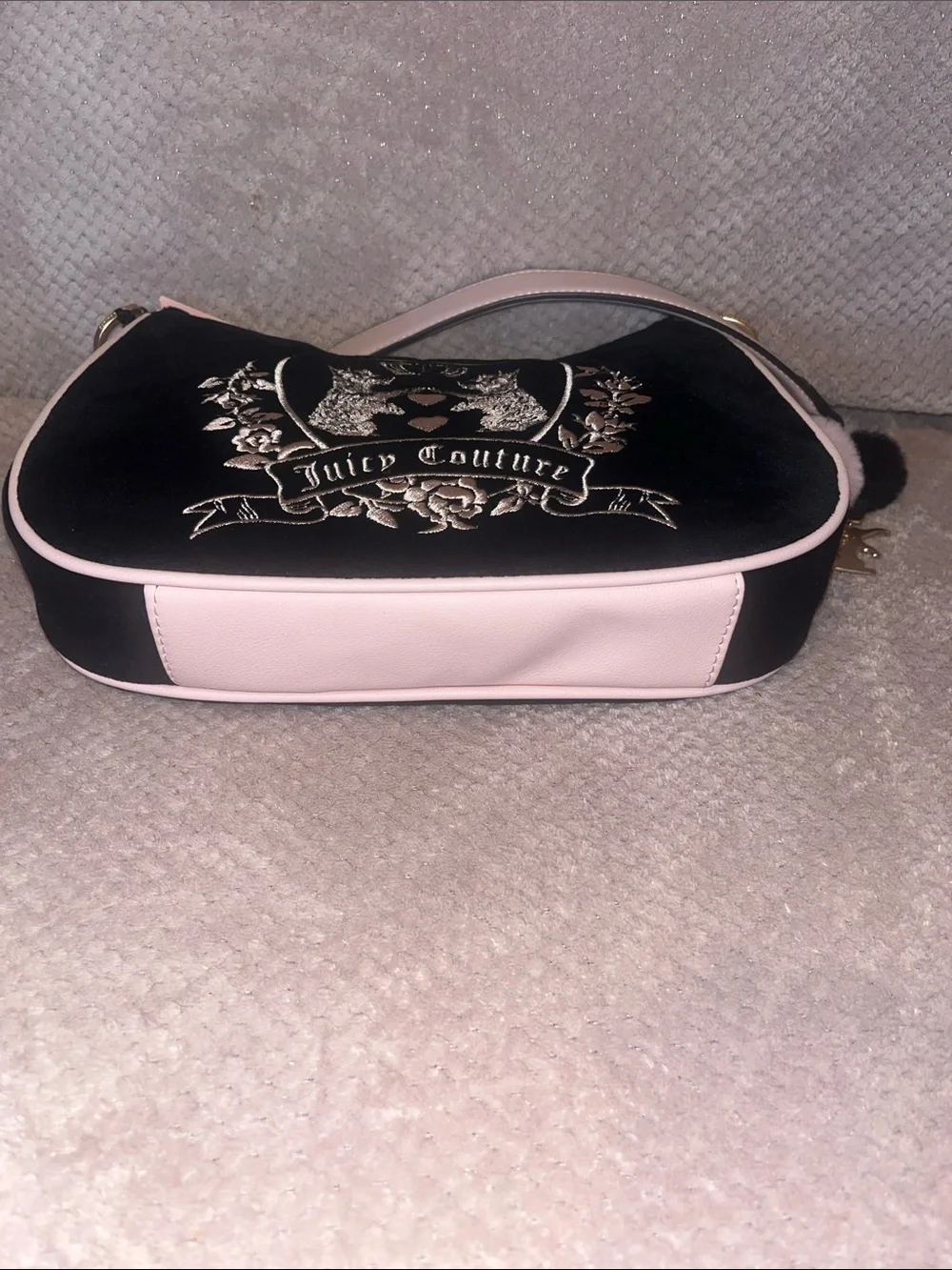 Juicy Couture Black Velvet Shoulder Bag with Pink Trim and Gold Chain